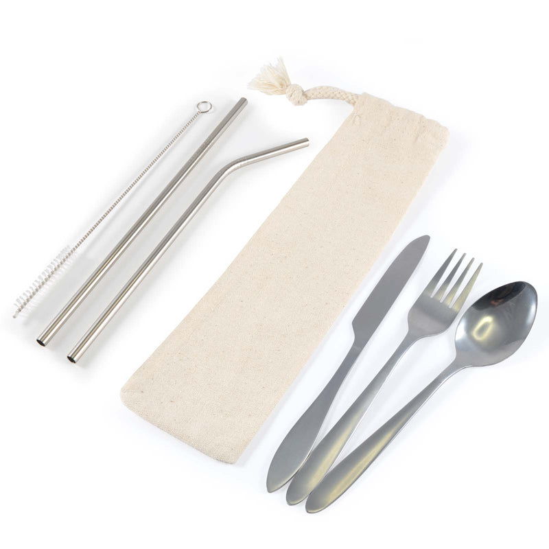 LL8800.Banquet Stainless Steel Cutlery & Straw Set in Calico Pouch