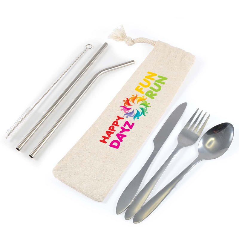 LL8800.Banquet Stainless Steel Cutlery & Straw Set in Calico Pouch